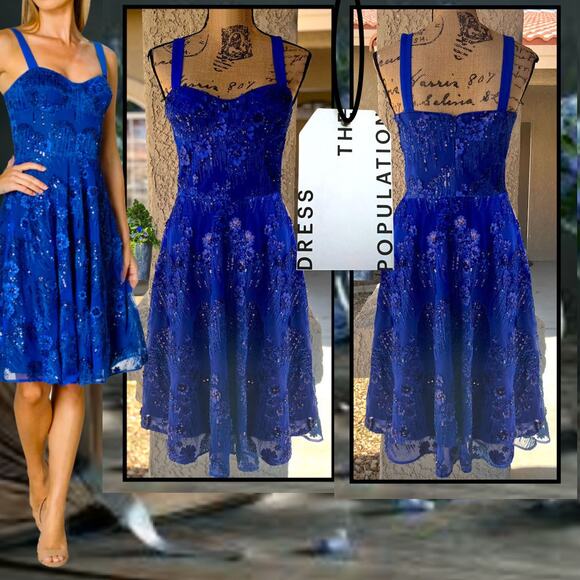 Dress the Population Sequins Electric Blue Adelina Fit & Flare Dress Size Small - Picture 1 of 10